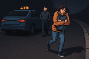 Kekerasan sopir taksi online ilustrasi mobil taksi berhenti di jalan gelap, perempuan korban berjalan menjauh sambil memeluk tas di Depok.