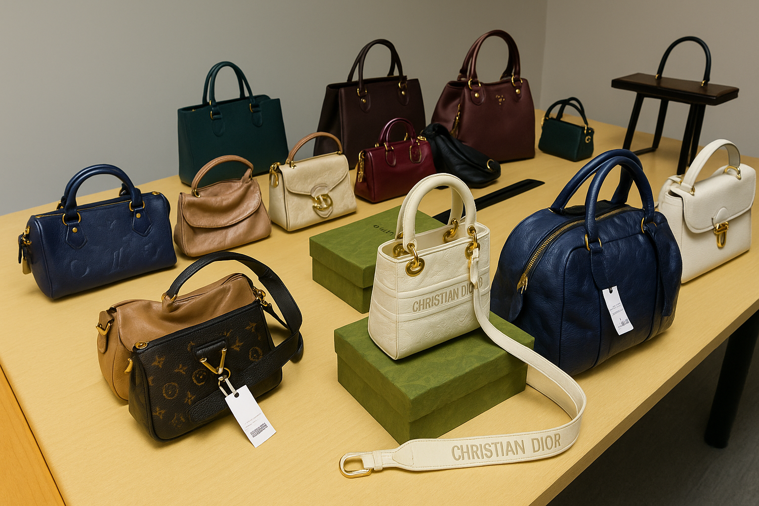 Lelang Tas Dior KPK dan LV deretan tas mewah berbagai merek dipajang di meja pamer sebelum proses lelang