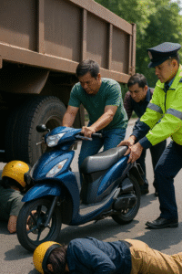 Pemotor Tangsel Tabrak Truk ilustrasi evakuasi sepeda motor dari kolong kendaraan