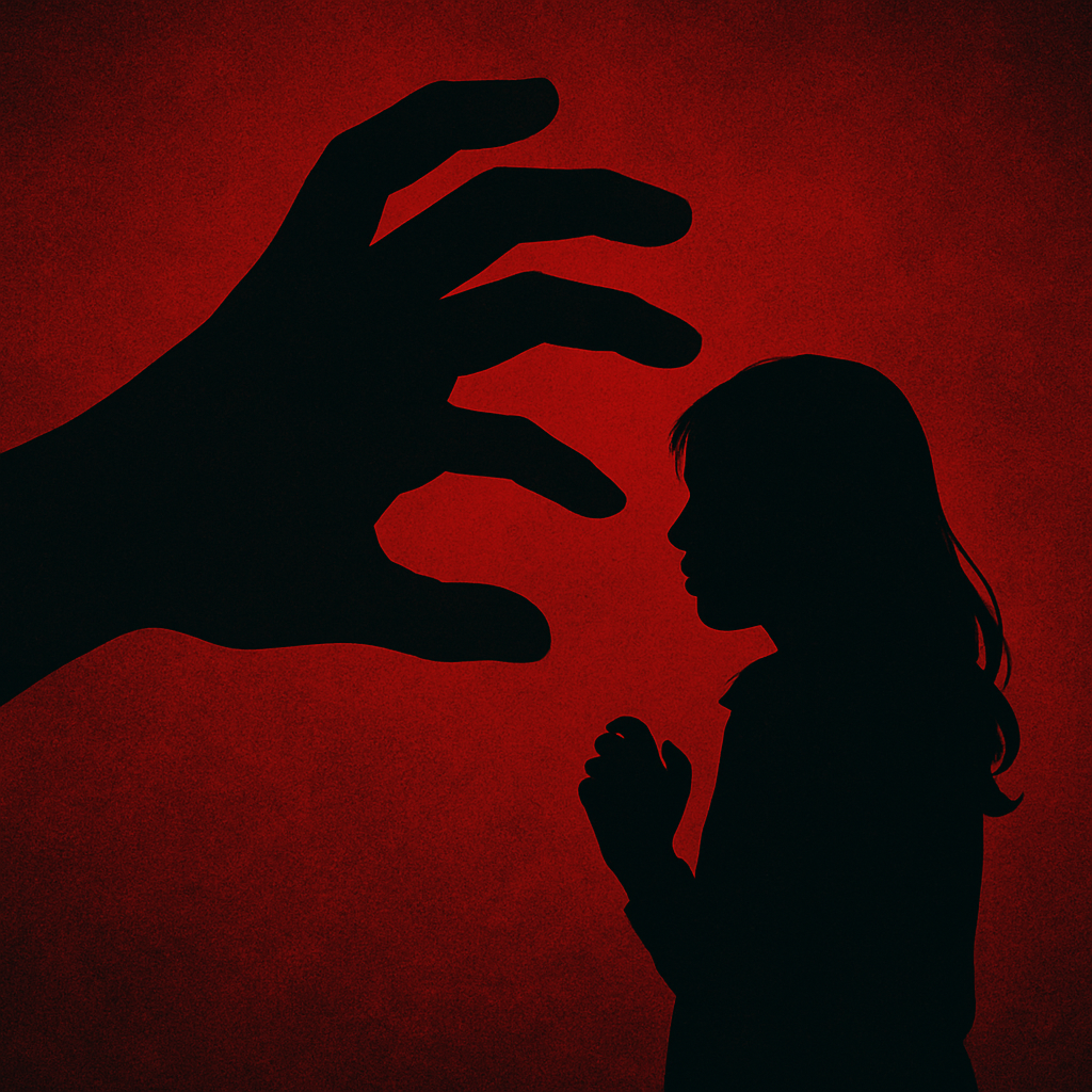 .Sopir Taksi Online Perkosa Penumpang ilustrasi wanita korban kekerasan seksual menutup wajah dengan latar merah mencolok