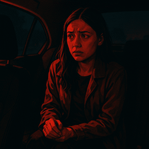 .Sopir Taksi Online Perkosa Penumpang ilustrasi ancaman kekerasan dengan siluet tangan besar mengurung perempuan di tengah lingkaran merah