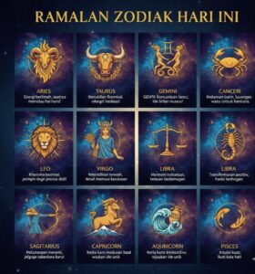 Ramalan zodiak hari ini ilustrasi dua belas lambang zodiak berderet di latar malam berbintang