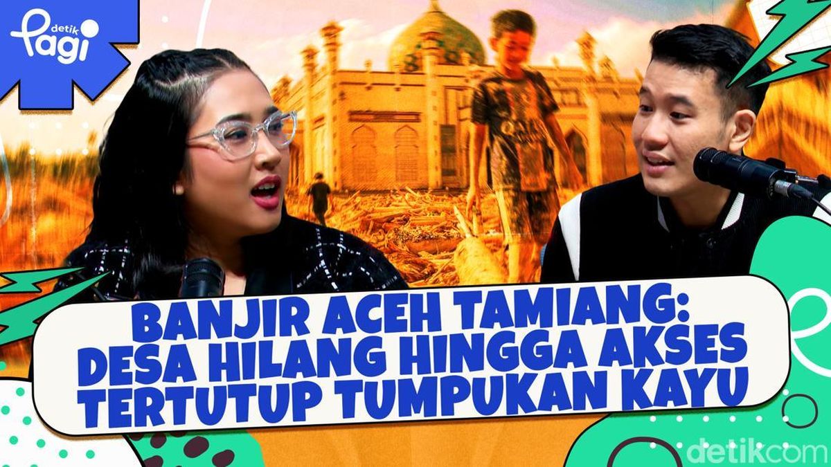 Ilustrasi banjir Aceh Tamiang dengan desa terendam dan akses tertutup tumpukan kayu