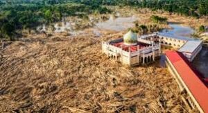 Ilustrasi banjir Aceh Tamiang dengan desa terendam dan akses tertutup tumpukan kayu